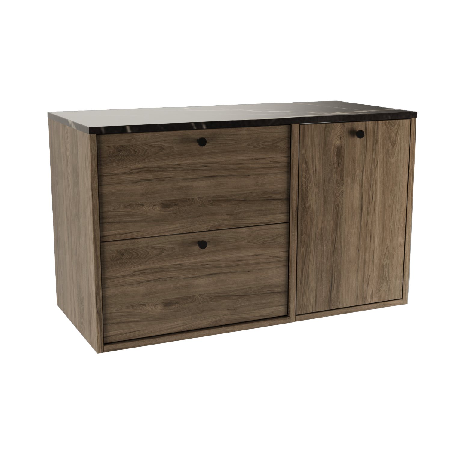Dulap lavoar Belino 100 cm Nuc Închis cu coș de rufe integrat și blat Marmură Neagră, design modern și contrast elegant pentru baie.