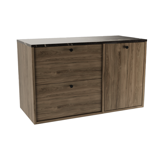 Dulap lavoar Belino 100 cm Nuc Închis cu coș de rufe integrat și blat Marmură Neagră, design modern și contrast elegant pentru baie.