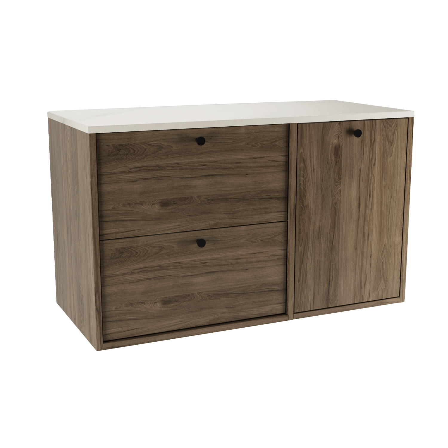 Dulap lavoar Belino 100 cm Nuc Închis cu coș de rufe integrat și blat Marmor Bianco, design modern și elegant pentru baie.