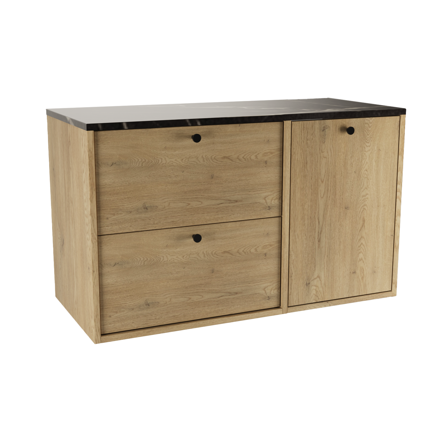 Dulap pentru lavoar Belino 100 cm Stejar Cremona cu coș de rufe integrat și blat Marmură Neagră, design modern și elegant pentru baie.