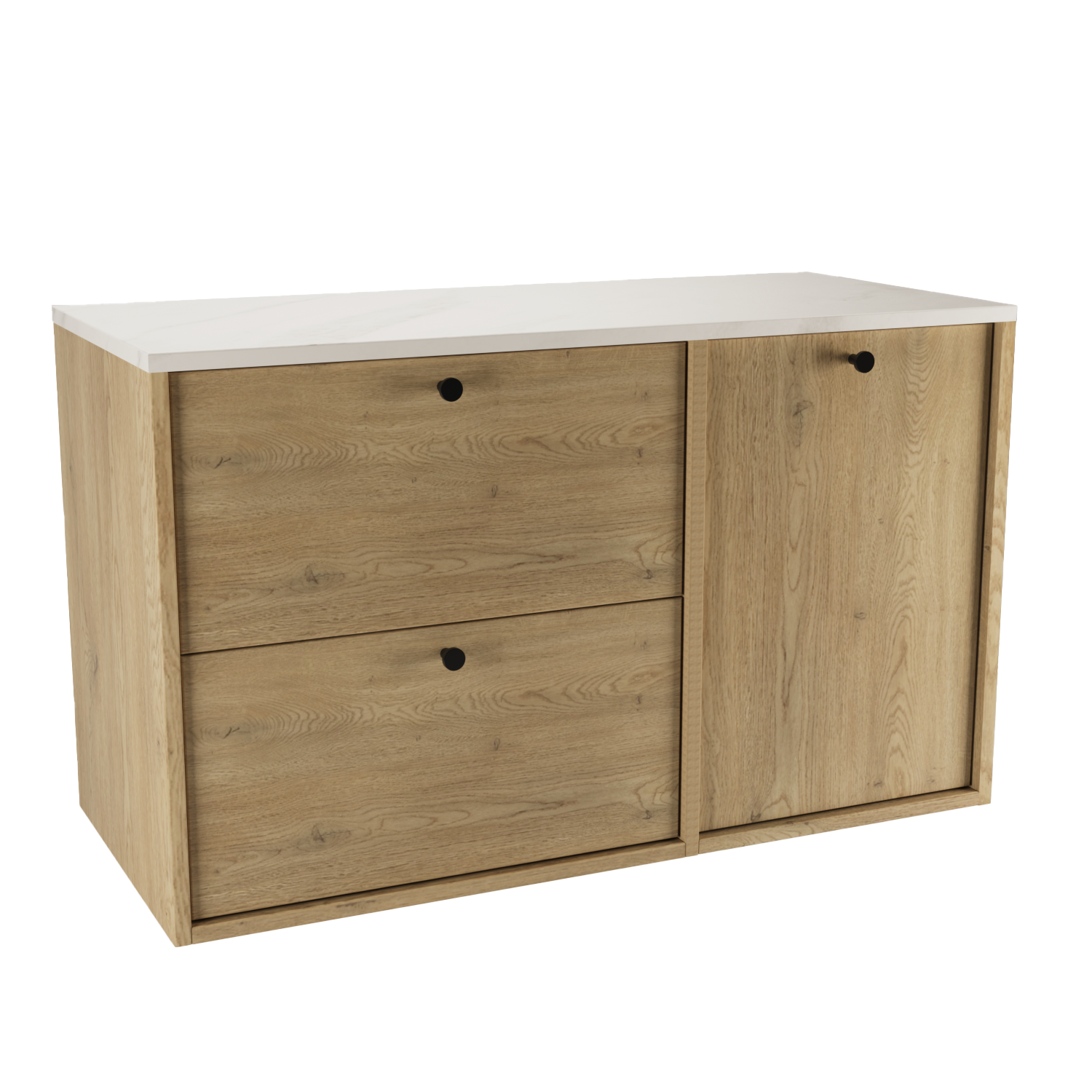 Dulap pentru lavoar Belino 100 cm Stejar Cremona cu coș de rufe integrat și blat de 100 cm, design modern și funcțional pentru baie.