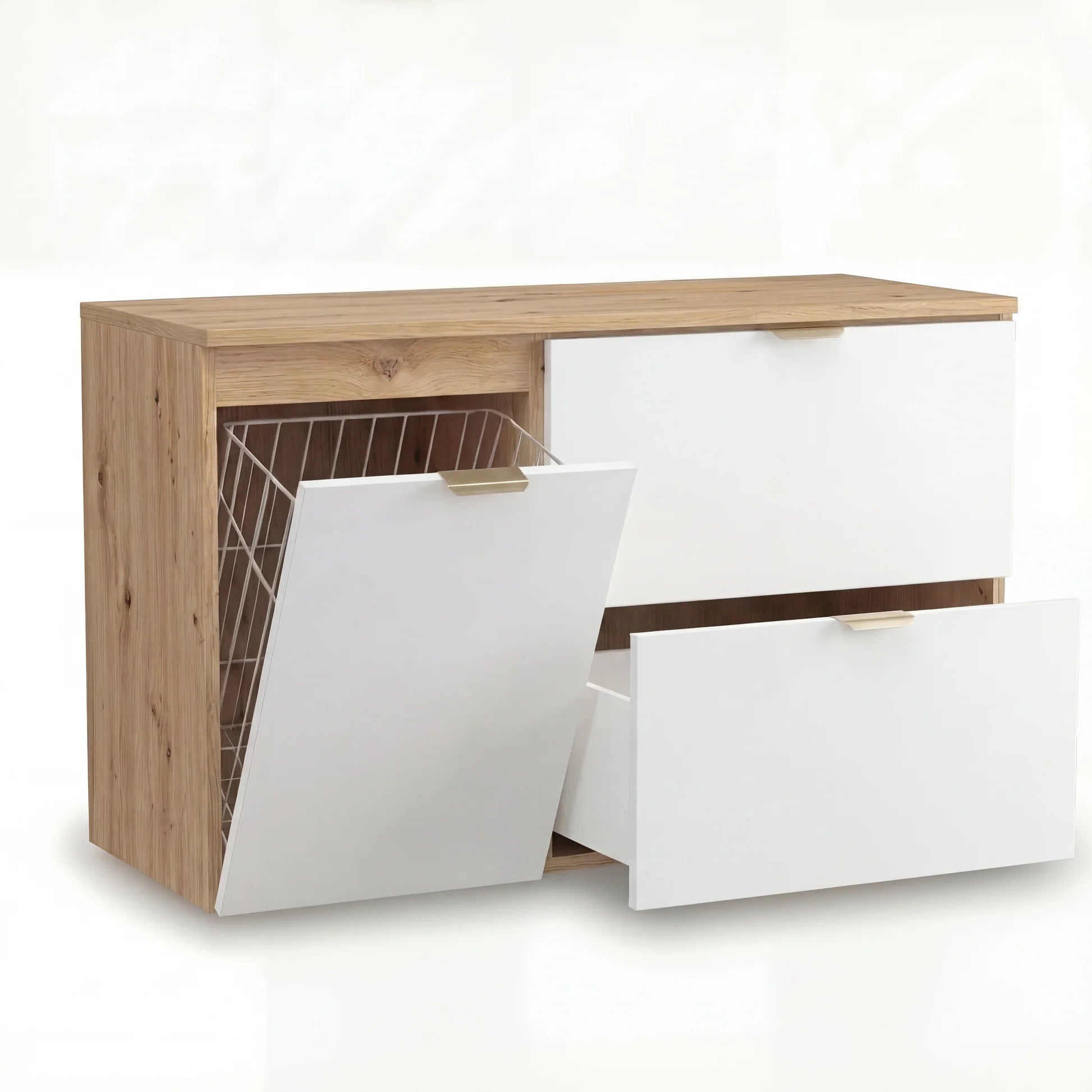 Dulap pentru lavoar Orio 100 cm Alb/Stejar Artizanal cu coș de rufe integrat, fronturi netede. Design modern, luminos și funcțional pentru baie.