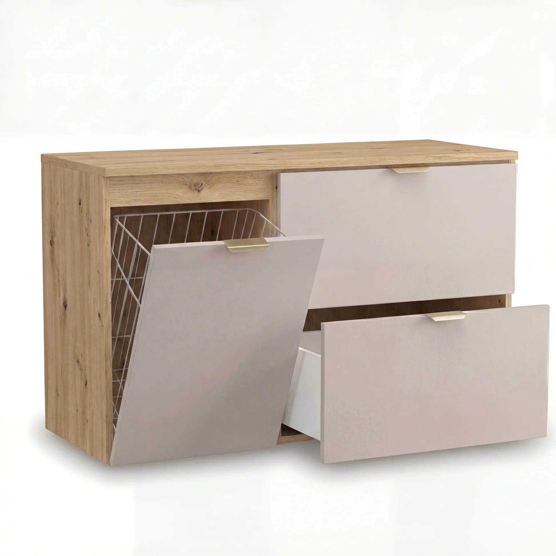 Dulap pentru lavoar Orio 100 cm Cașmir/Stejar artizanal cu coș de rufe integrat, design modern și spațiu generos pentru baie.