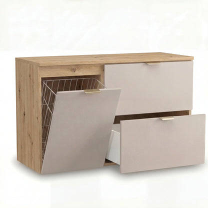 Dulap pentru lavoar Orio 100 cm Cașmir/Stejar artizanal cu coș de rufe integrat, design modern și spațiu generos pentru baie.