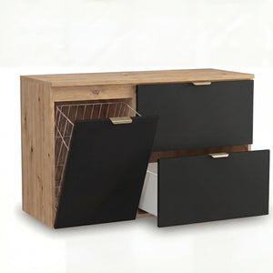 Dulap pentru lavoar Orio 100 cm Negru/Nuc cu coș de rufe integrat, fronturi netede. Design modern, elegant și soluție practică pentru organizarea băii.