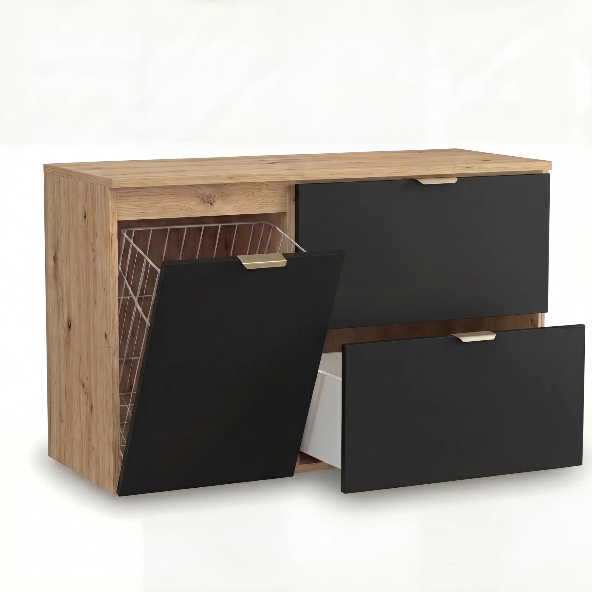 Dulap pentru lavoar Orio 100 cm Negru/Nuc cu coș de rufe integrat, fronturi netede. Design modern, elegant și soluție practică pentru organizarea băii.