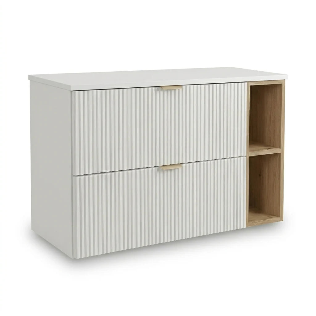 Dulap pentru lavoar Willy 100 cm alb cu raft nuc, blat alb și 2 sertare riflate, mobilier modern pentru baie.