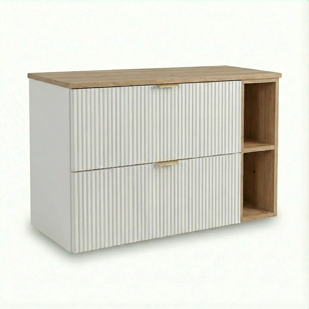 Dulap pentru lavoar Willy 100 cm alb cu raft și blat nuc, 2 sertare riflate, mobilier modern pentru baie.