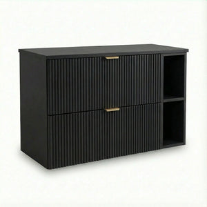 Dulap pentru lavoar Willy 100 cm negru cu raft, 2 sertare riflate și blat continuu, mobilier modern pentru baie.