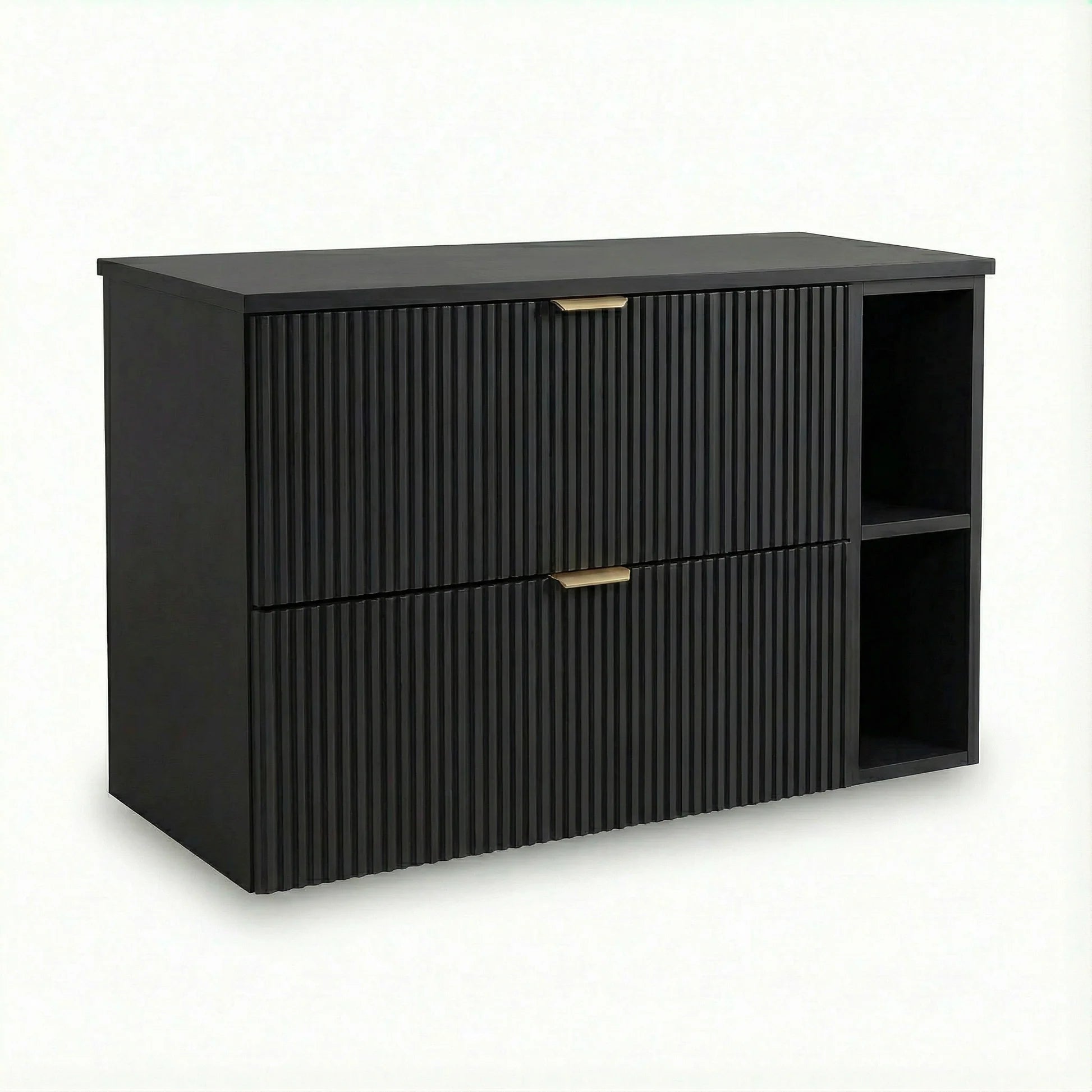Dulap pentru lavoar Willy 100 cm negru cu raft, 2 sertare riflate și blat continuu, mobilier modern pentru baie.