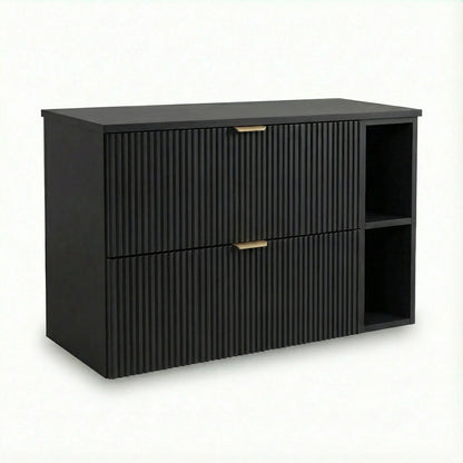Dulap pentru lavoar Willy 100 cm negru cu raft, 2 sertare riflate și blat continuu, mobilier modern pentru baie.