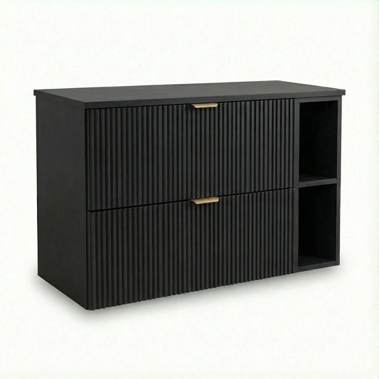 Dulap pentru lavoar Willy 100 cm negru cu raft, 2 sertare riflate și blat continuu, mobilier modern pentru baie.