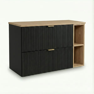 Dulap pentru lavoar Willy 100 cm negru cu raft nuc, blat nuc și 2 sertare riflate, mobilier modern pentru baie.