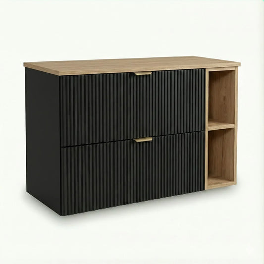 Dulap pentru lavoar Willy 100 cm negru cu raft nuc, blat nuc și 2 sertare riflate, mobilier modern pentru baie.