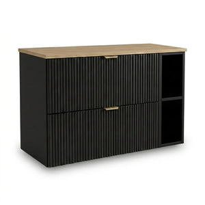 Dulap pentru lavoar Willy 100 cm negru cu raft și blat nuc, 4 sertare și design modern pentru baie.