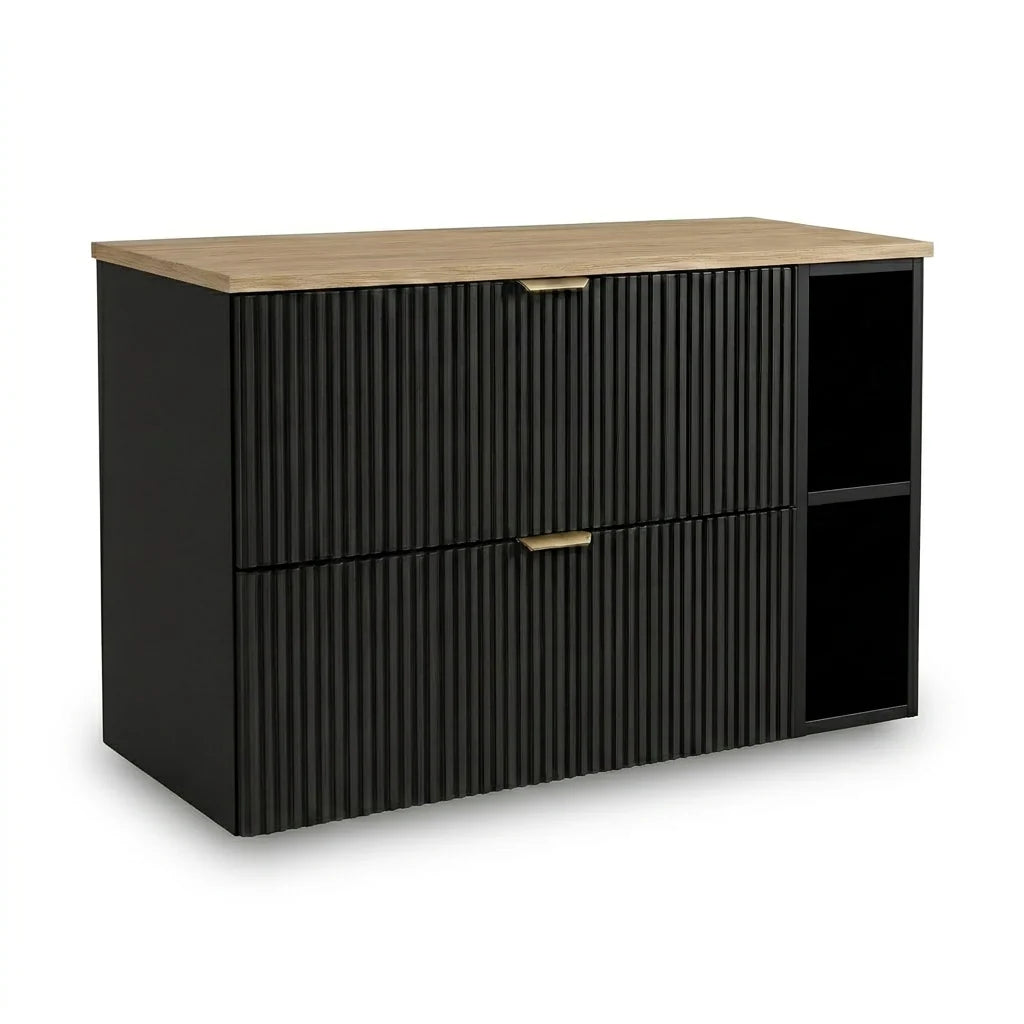 Dulap pentru lavoar Willy 100 cm negru cu raft și blat nuc, 4 sertare și design modern pentru baie.
