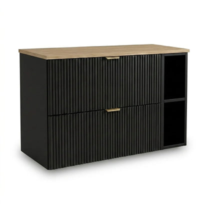 Dulap pentru lavoar Willy 100 cm negru cu raft și blat nuc, 4 sertare și design modern pentru baie.