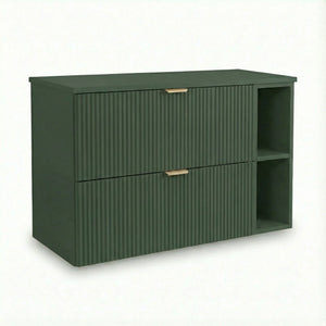 Dulap pentru lavoar Willy 100 cm verde cu raft lateral, 2 sertare riflate și design modern pentru baie.
