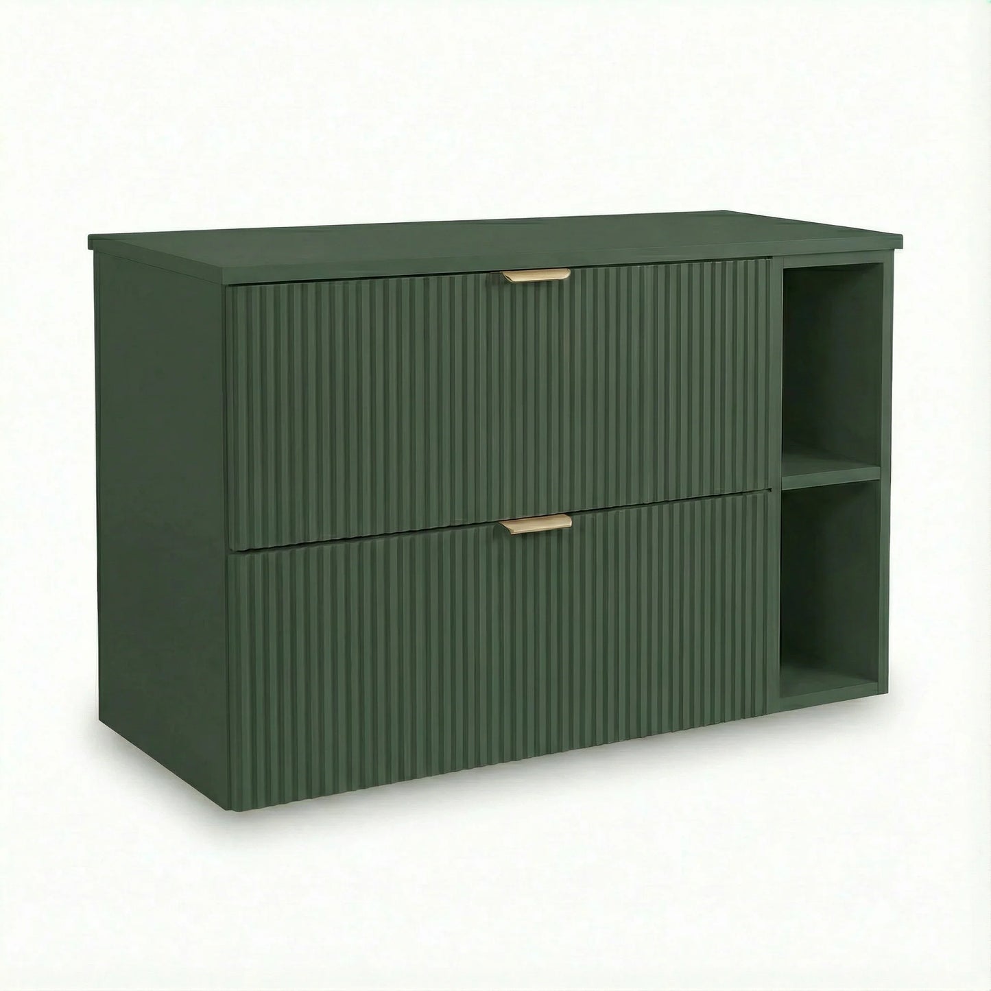 Dulap pentru lavoar Willy 100 cm verde cu raft lateral, 2 sertare riflate și design modern pentru baie.