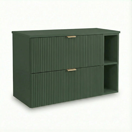 Dulap pentru lavoar Willy 100 cm verde cu raft lateral, 2 sertare riflate și design modern pentru baie.