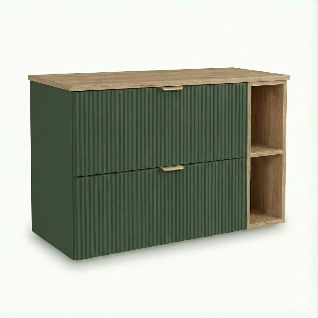Dulap pentru lavoar Willy 100 cm verde cu raft nuc, blat nuc și 2 sertare riflate, mobilier modern pentru baie elegantă.