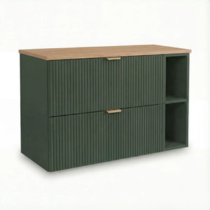 Dulap pentru lavoar Willy 100 cm verde cu blat nuc și 2 sertare riflate, mobilier modern pentru baie.