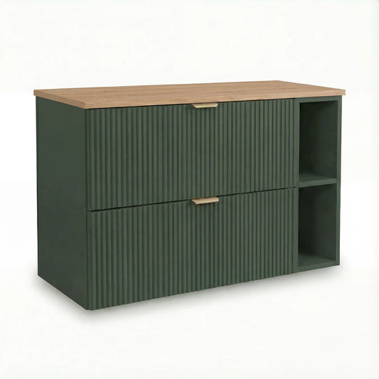 Dulap pentru lavoar Willy 100 cm verde cu blat nuc și 2 sertare riflate, mobilier modern pentru baie.