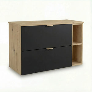 Dulap pentru lavoar Orio 100 cm Negru/Stejar Artizanal cu raft lateral, fronturi netede. Design modern, elegant și spațiu practic de depozitare pentru baie.