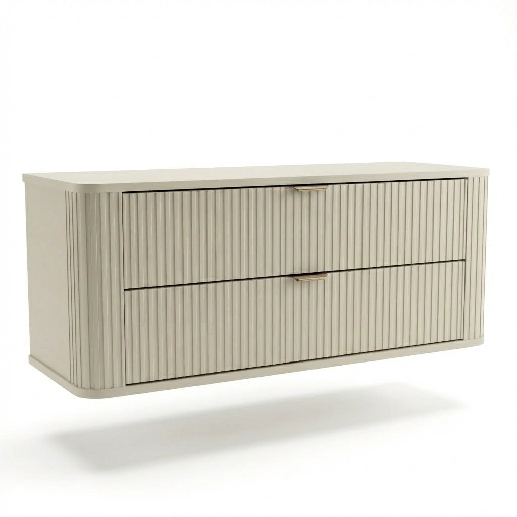 Dulap pentru lavoar Selvea 120 cm, finisaj Casmir, cu fronturi canelate din MDF, 2 sertare spațioase, margini rotunjite și mânere metalice elegante.