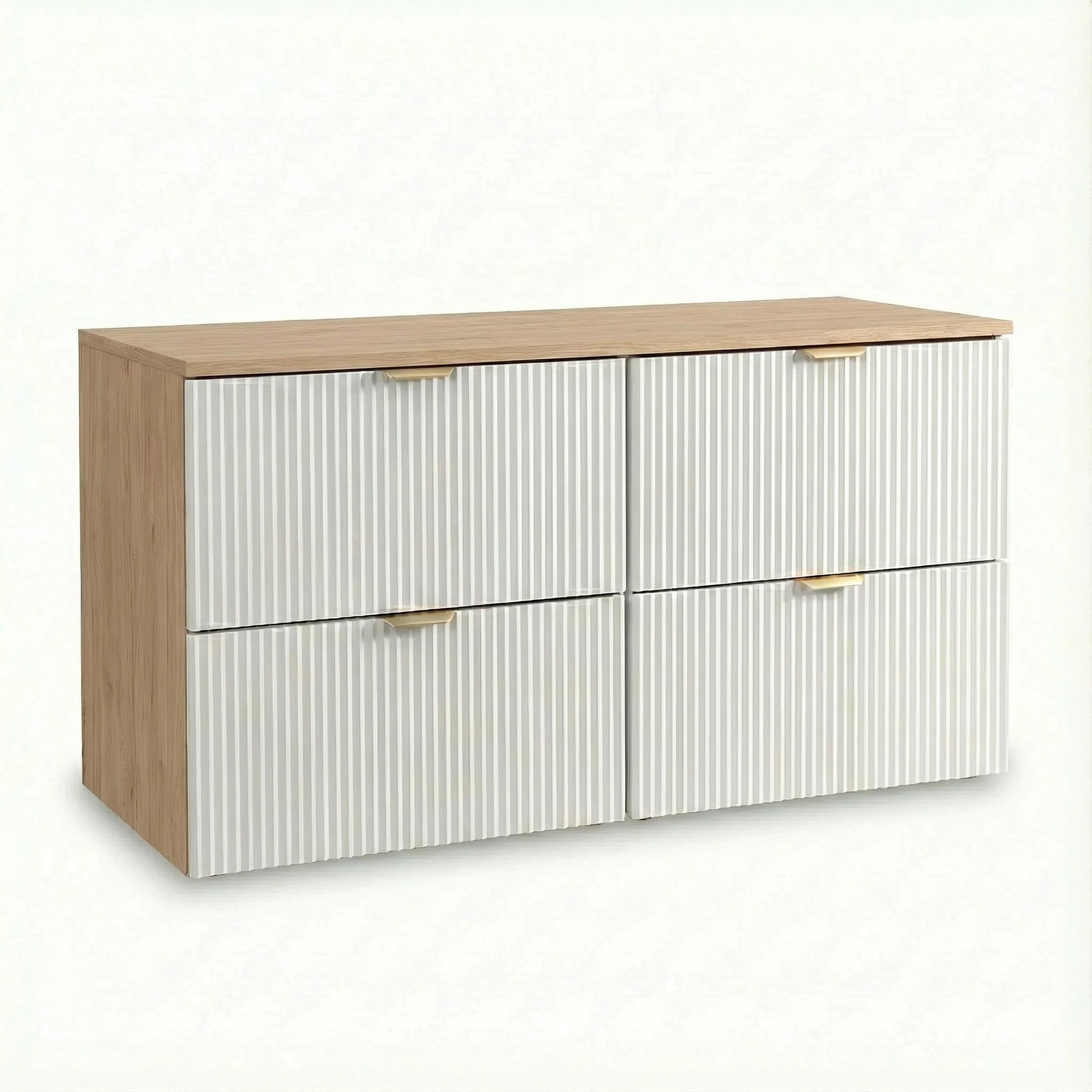 Dulap pentru lavoar Willy 120 cm alb/nuc cu 4 sertare și fronturi canelate, mobilier modern pentru baie spațioasă și elegantă.