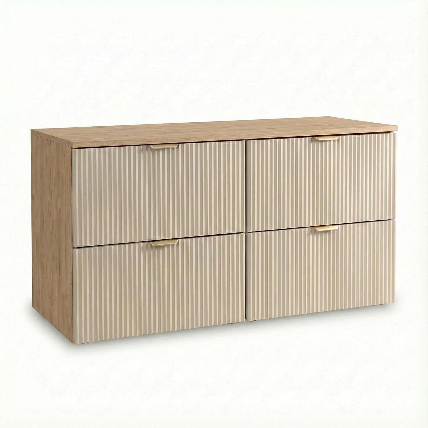 Dulap pentru lavoar Willy 120 cm cașmir/nuc cu 4 sertare riflate și blat continuu, mobilier modern pentru baie elegantă.