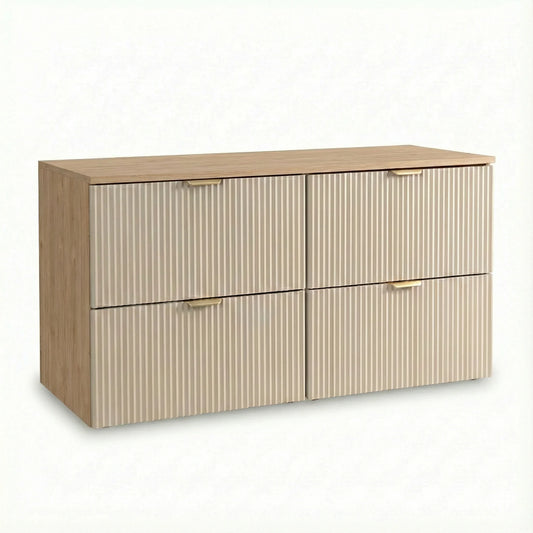 Dulap pentru lavoar Willy 120 cm cașmir/nuc cu 4 sertare riflate și blat continuu, mobilier modern pentru baie elegantă.