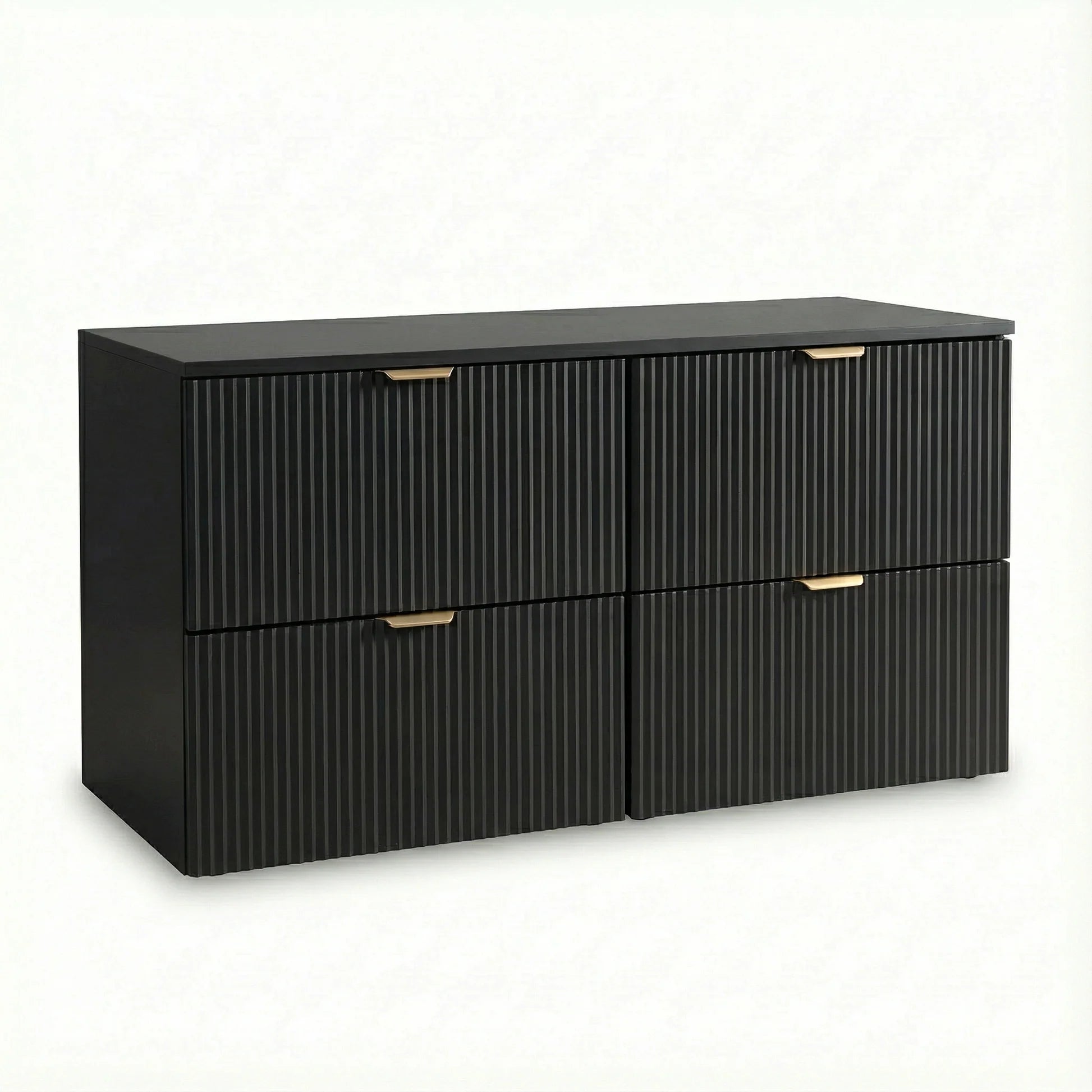 Dulap pentru lavoar Willy 120 cm negru cu 4 sertare canelate și design modern, mobilier elegant pentru baie spațioasă.