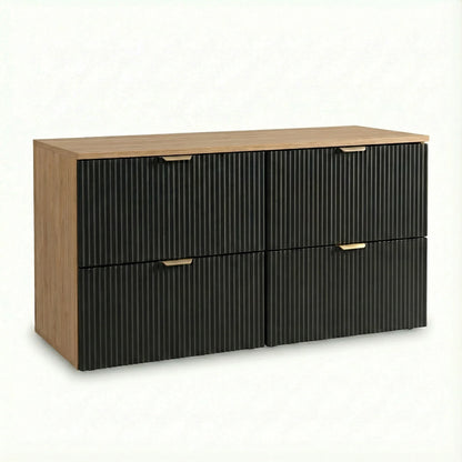 Dulap pentru lavoar Willy 120 cm negru/nuc cu 4 sertare canelate și design modern, mobilier elegant pentru baie spațioasă.