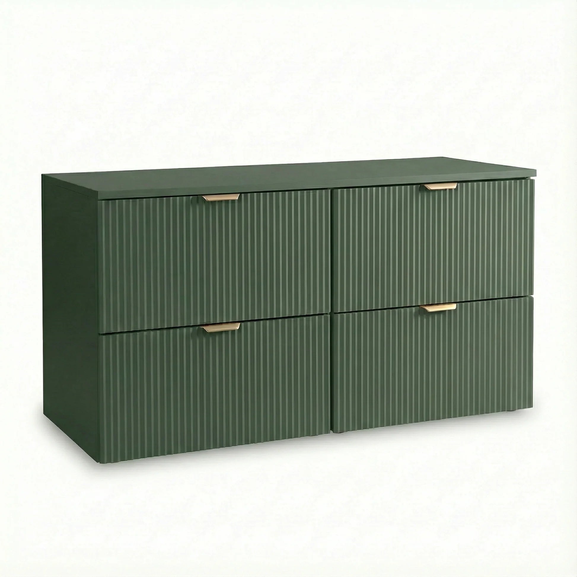 Dulap pentru lavoar Willy 120 cm verde salvie cu 4 sertare riflate și blat continuu, mobilier modern pentru baie elegantă.
