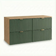 Dulap pentru lavoar Willy 120 cm verde/nuc cu 4 sertare riflate și blat continuu, mobilier modern pentru baie spațioasă și elegantă.