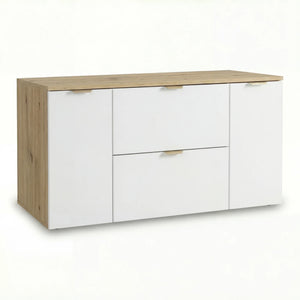 Dulap pentru lavoar Orio 120 cm Alb/Stejar Artizanal cu 2 sertare, 2 uși și blat decor lemn, mobilier modern pentru baie.
