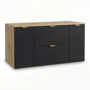 Dulap pentru lavoar Orio 120 cm Negru/Stejar Artizanal cu 2 sertare și 2 uși. Design modern, elegant și spațiu generos de depozitare pentru baie.
