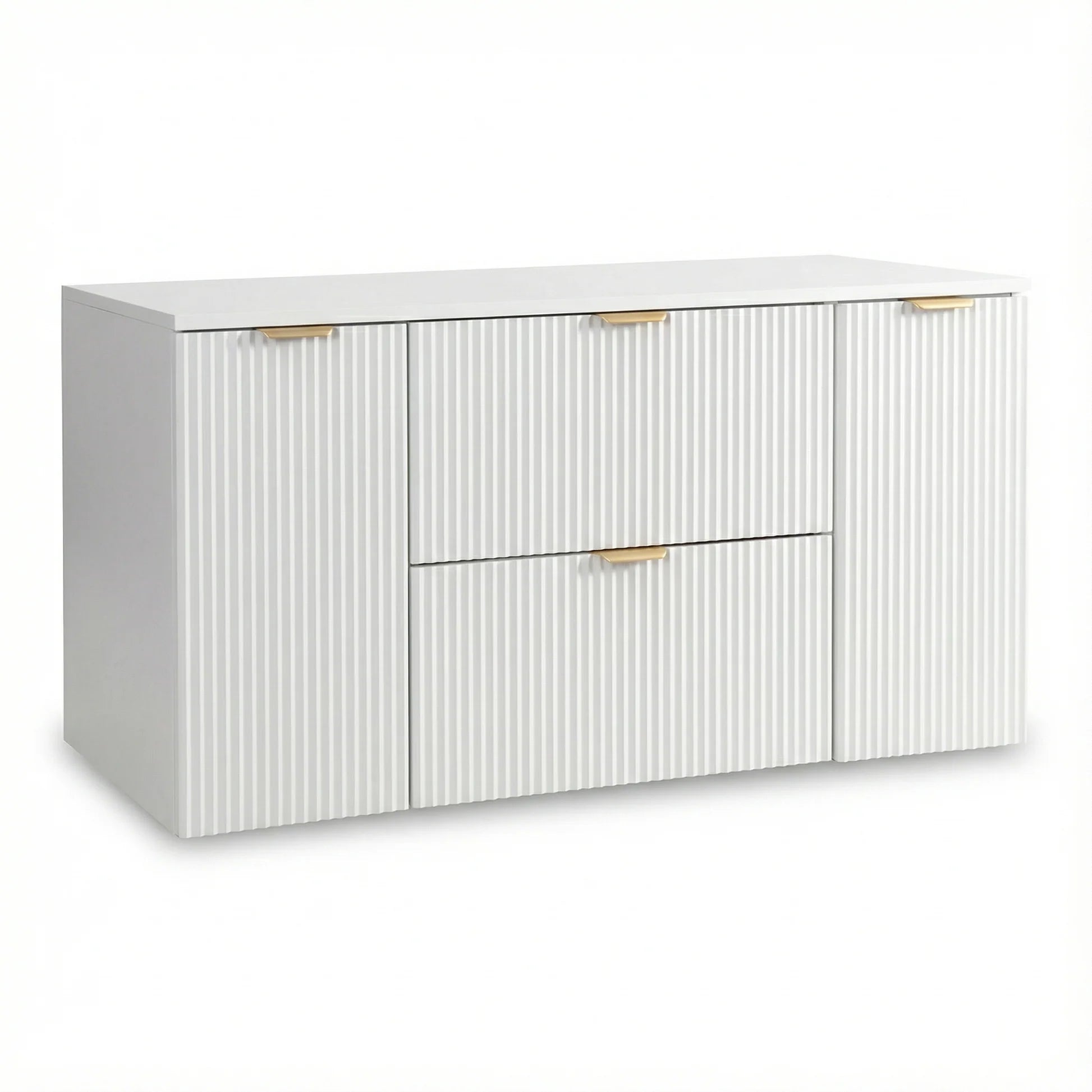 Dulap pentru lavoar Willy 120 cm Alb cu 2 sertare și 2 uși, fronturi canelate și blat din PAL laminat, ideal pentru băi moderne și luminoase.