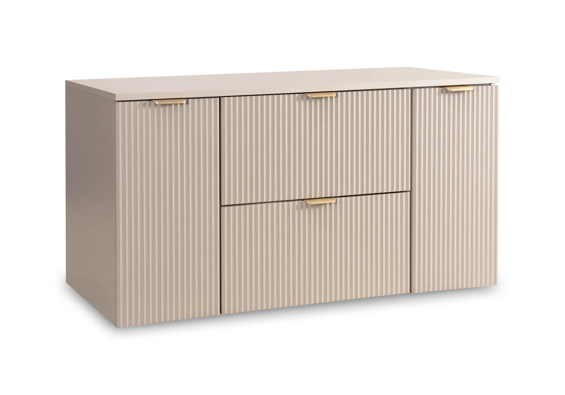 Dulap pentru lavoar Willy 120 cm Casmir cu 2 sertare și 2 uși, fronturi canelate și blat din PAL laminat, ideal pentru băi moderne și elegante.