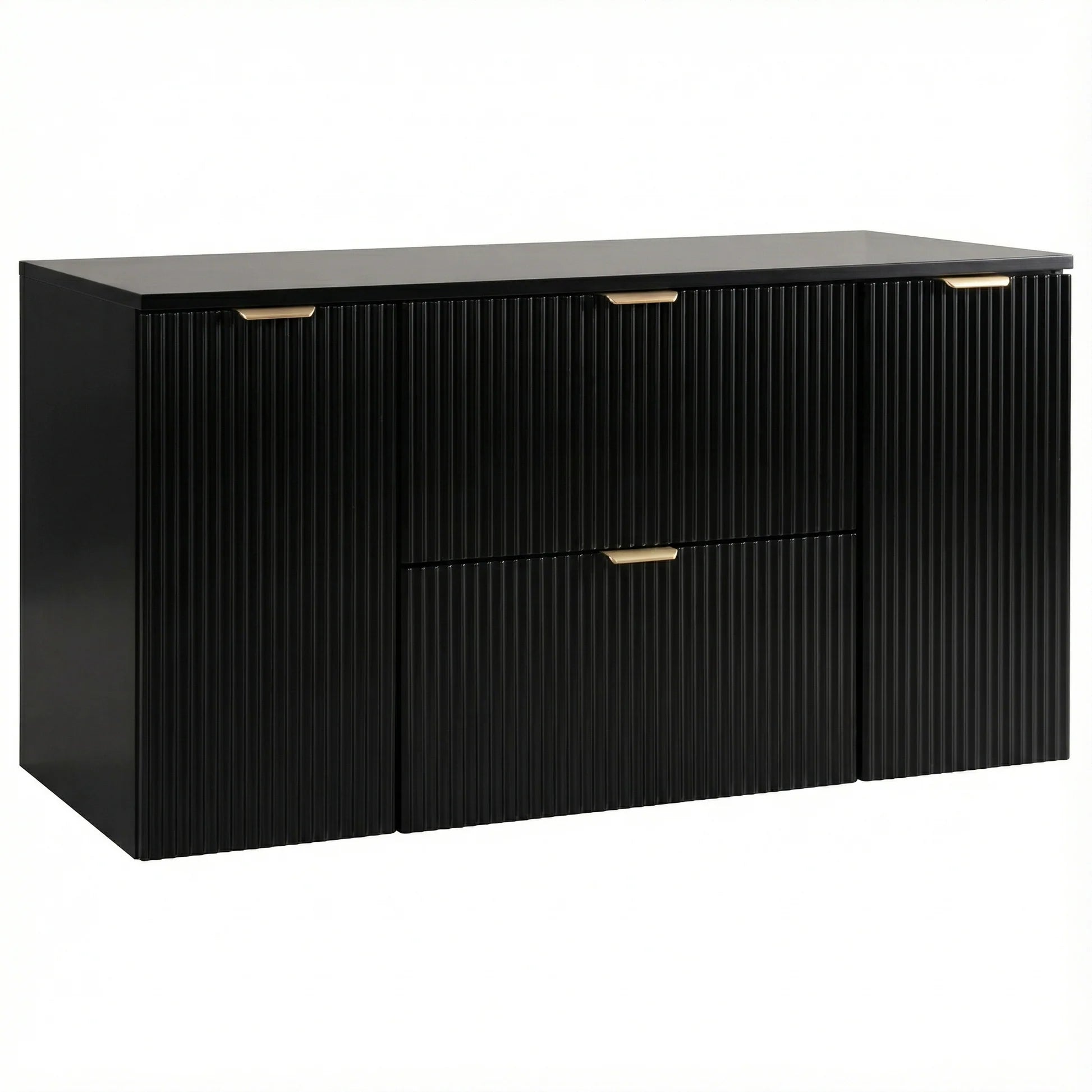 Dulap pentru lavoar Willy 120 cm Negru cu 2 sertare și 2 uși, fronturi canelate și blat din PAL laminat, ideal pentru băi moderne și elegante.