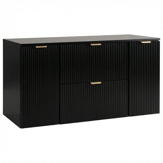 Dulap pentru lavoar Willy 120 cm Negru cu 2 sertare și 2 uși, fronturi canelate și blat din PAL laminat, ideal pentru băi moderne și elegante.