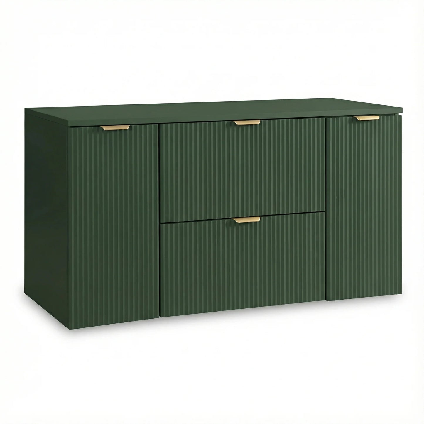 Dulap pentru lavoar Willy 120 cm Verde Salvie cu 2 sertare și 2 uși, fronturi canelate și blat din PAL laminat, ideal pentru băi moderne și naturale.