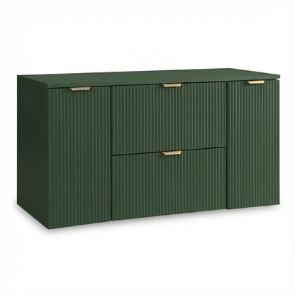 Dulap pentru lavoar Willy 120 cm Verde Salvie cu 2 sertare și 2 uși, fronturi canelate și blat din PAL laminat, ideal pentru băi moderne și naturale.