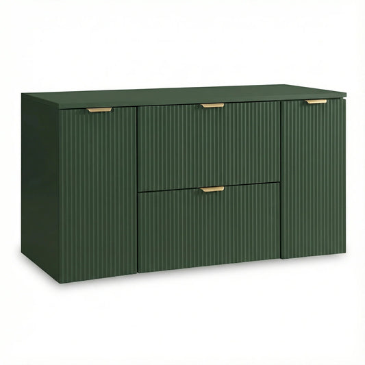 Dulap pentru lavoar Willy 120 cm Verde Salvie cu 2 sertare și 2 uși, fronturi canelate și blat din PAL laminat, ideal pentru băi moderne și naturale.