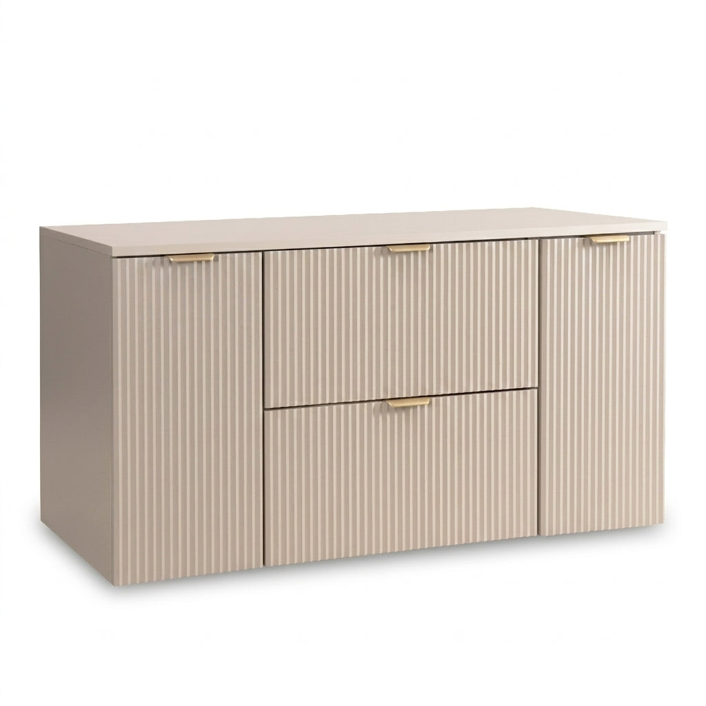 Dulap pentru lavoar Willy 120 cm Casmir cu 2 sertare și 2 uși, fronturi canelate și blat din PAL laminat, ideal pentru băi moderne și elegante.