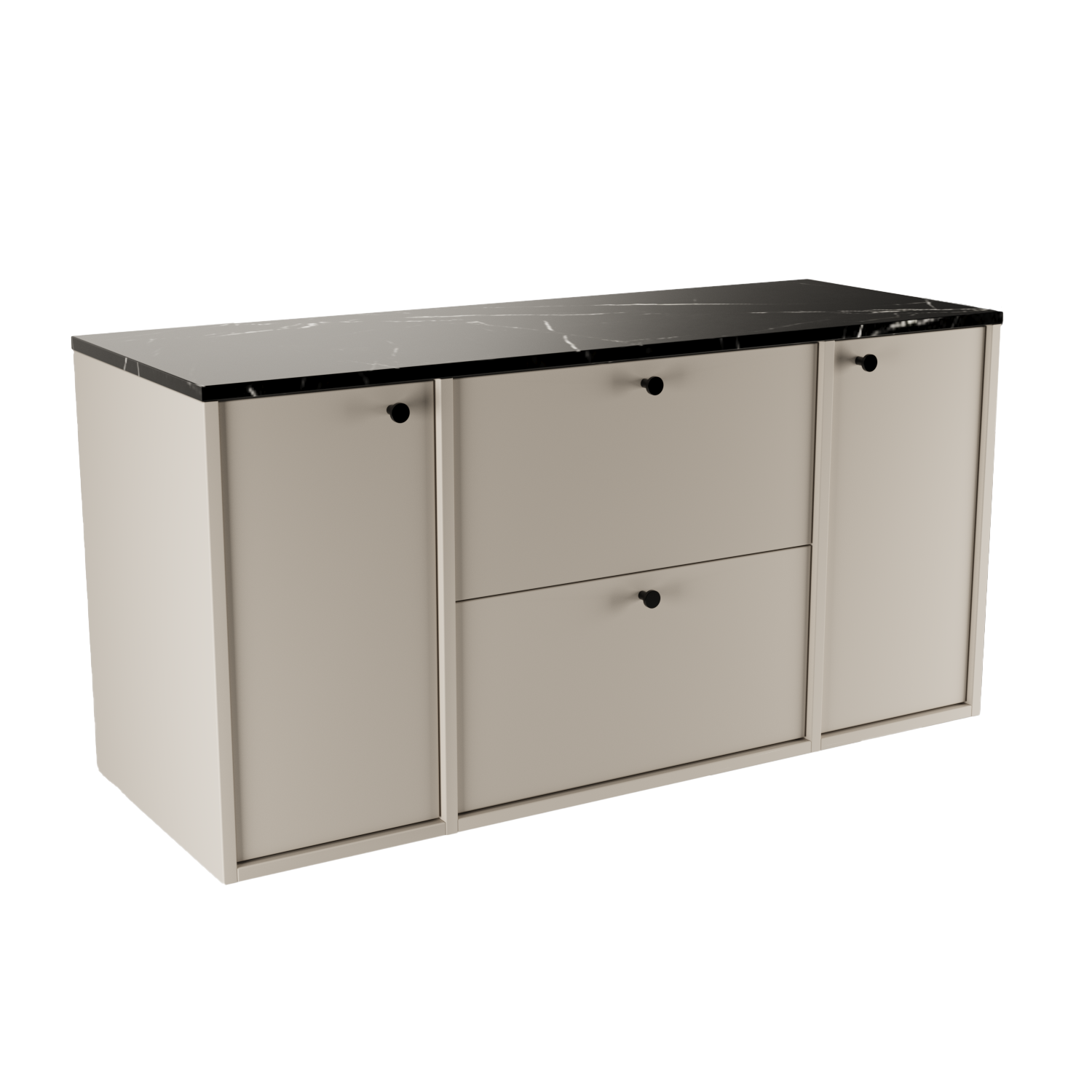 Dulap lavoar Belino 120 cm Cășmir cu blat Marmură Bianco, sertare SOFT-CLOSE și uși cu spațiu de depozitare.