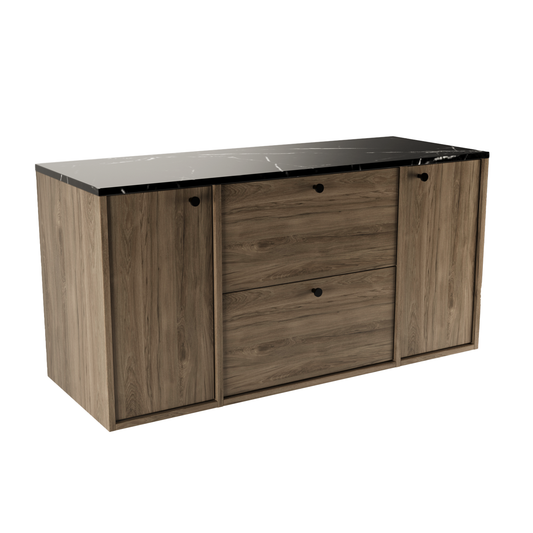 Dulap lavoar Belino 120 cm Nuc Închis cu blat Marmură Neagră, 2 sertare SOFT-CLOSE și 2 uși cu raft interior, design modern și luxos pentru baie.