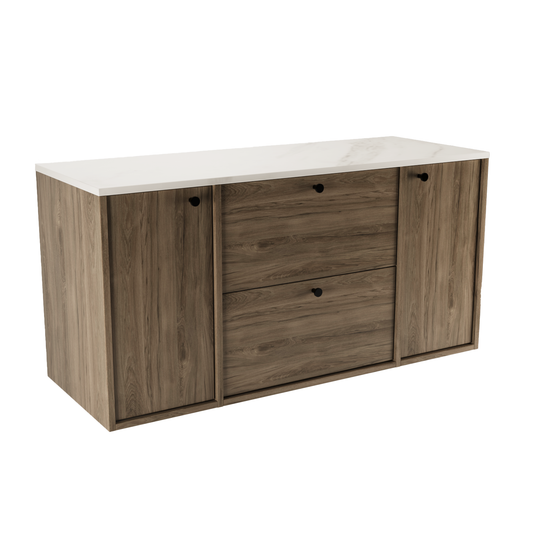 Dulap lavoar Belino 120 cm Nuc Închis cu blat Marmură Bianco, sertare SOFT-CLOSE și spațiu de depozitare cu uși.