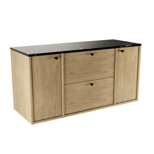 Dulap lavoar Belino 120 cm Stejar Cremona cu 2 sertare SOFT-CLOSE, 2 uși și blat Marmură Neagră, design modern și contrastant pentru baie.